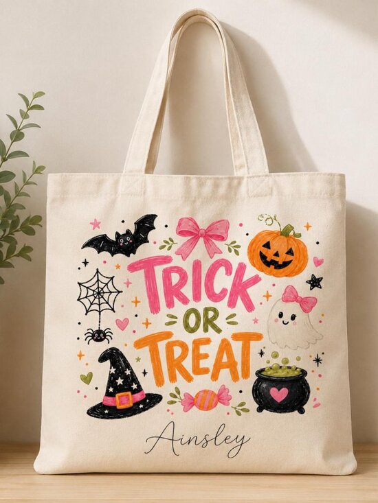 Handbags - Personalized Girly Halloween Trick or Treat Tote Bag